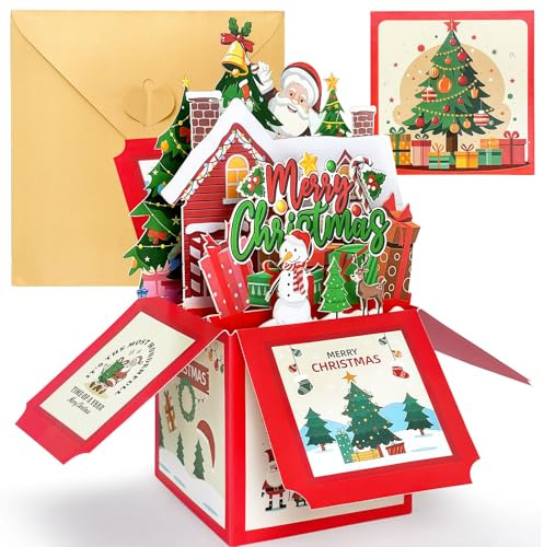 YianHien Weihnachtskarte 3D, Weihnachtskarten Set mit Umschlag, Pop Up Karte Weihnachten für Familie Freunde und Kollegen, Weihnachten Geschenk Karte für Erwachsene und Kinder, Merry Christmas Card