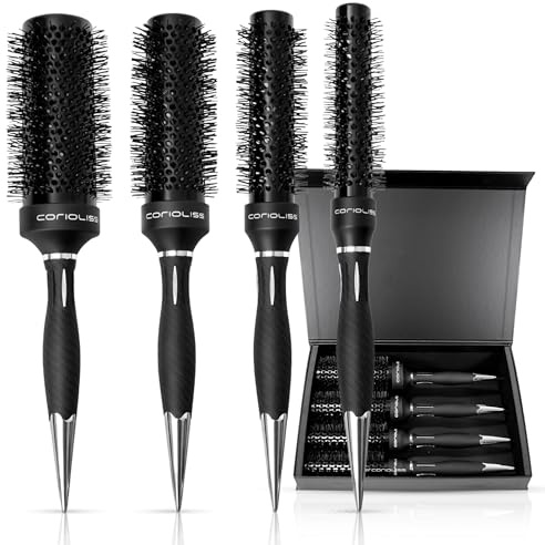 Corioliss Cepillo Redondo Pelo Profesional Kit 4 Tamaños Ø25-33-43-53 mm, Mango Antideslizante con Separador, Perfecto para Secar, Alisar y Dar Volumen con Secador - Brush Titanium Black Green
