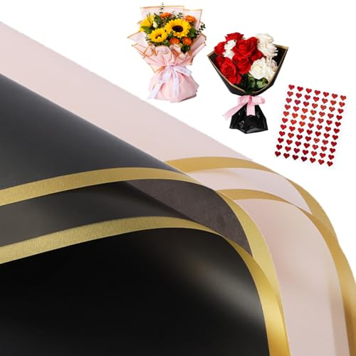 Bouquet Wrapping Paper, 5 Black and 5 Rose Pink Flower Wrapping Paper with Heart Stickers, Floral Gift Wrap for Weddings, Valentine's Day and DIY Crafts