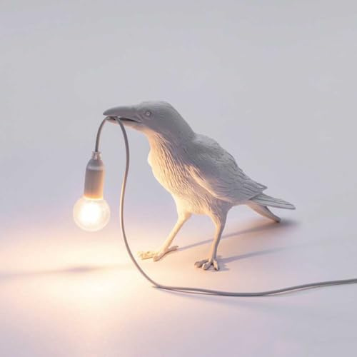 OOWDMPE E14 Vogel Tischlampe mit Kabel Kreative Kunstharz Krähe Tischleuchte Moderne Tiere Nachttischlampe Dekorative Kleine Lampe für Schlafzimmer Wohnzimmer（mit Leuchtmittel） (Weiß)
