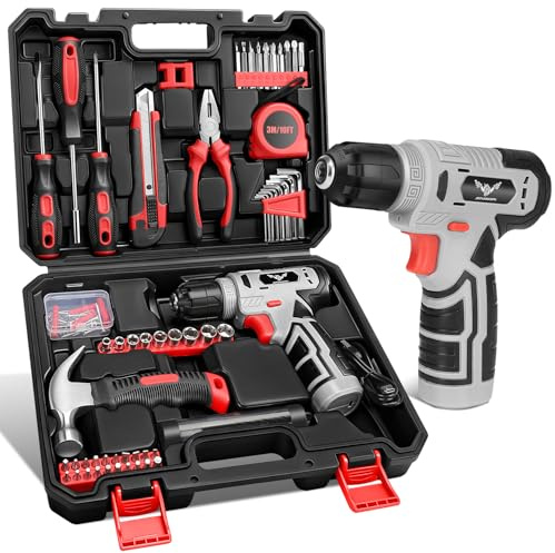 JENABOM Tool Set, 146-Piece Home Tool Kit with 8V Cordless Drill Set | Portable Tool Set with Storage Case, Hand Tools Kit for Apartment, Office & Daily DIY Repairs, for Men & Women