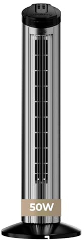 EVVO Ventilador de Torre con Función Turbo - Ventilador Vertical Silencioso con Mando a Distancia, Pantalla LED y Temporizador, Ventilador Columna Potente para Salón y Dormitorio (50, Vatios)