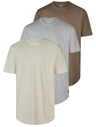 JACK & JONES Tshirt Herren lang geschnitten Set 100% Bio-Baumwolle Regular Fit JJENOA 3er Pack Rundhals Kurzarm Sommer Organic Basic Tee Shirt, Größe:XL, Farbe:Pack 6 (Moonbeam/LGM/Falcon)