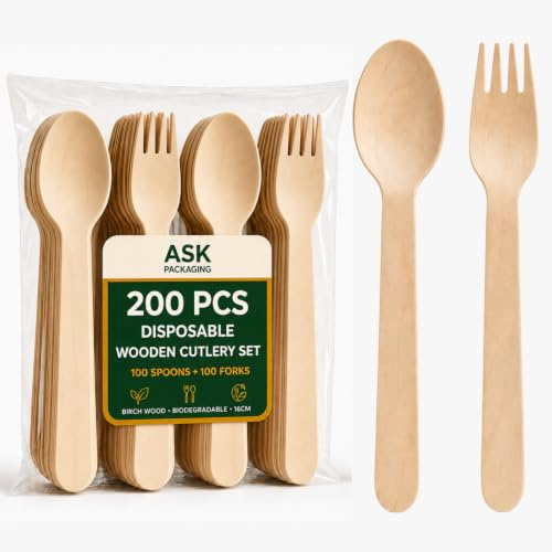 200x Wooden Cutlery (100x Spoons, 100x Forks) Birch Wood Disposable Cutlery | Biodegradable Strong Splinter-Free Cutlery for Parties, Weddings, Picnics, Catering, Events, Plastic-Free & Food Safe