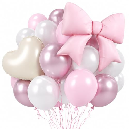 Ovanda 35 Luftballons Set Rosa Weiß mit Schleife für Geburtstag Party Deko | 33 Latexballons je 30 cm, 1 Schleifen und 1 Herz Folienballon plus Band in Weiß, Rosa, Metallic Rosa und Perlmutt für Partys