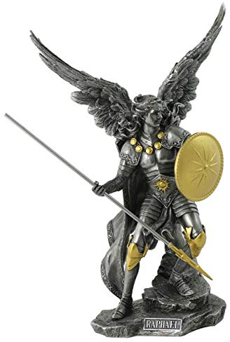 Erzengel Raphael-Statue, Zinn und Gold, 34 cm