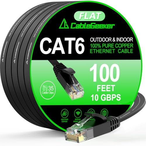 CableGeeker Cat 6 Ethernet Cable 100 ft, High Speed 10Gbps Flat, Black, Compatible with Router, Modem, PS4/5, PC, Server, Printer, Switch, Gaming Console, NAS