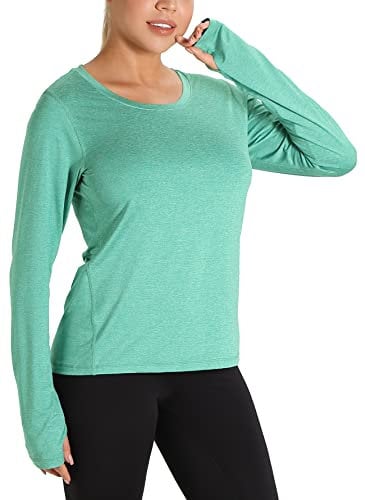 icyzone Damen Laufshirt Langarm Sport Shirt mit Daumenloch Fitness Yoga Oberteil (L, Aqua Green)