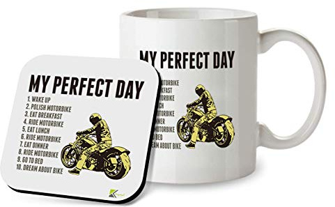 SM078 My Perfect Day (for Motorbike Lover) - Mug & Matching Coaster Set | 11oz Biker Coffee Cup - Novelty Gift for Men, Dad, Husband, Motorcycle Rider