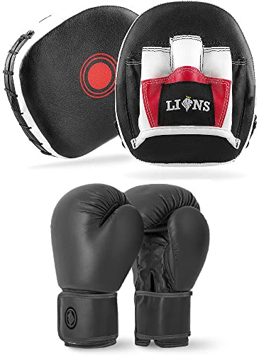 Lions Amateur Fitness Boxing Set Hook & Jab Pads Focus Punch Bag Gloves Target Strike Mitts (Smartie Black, 16oz)