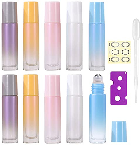 Yalbdopo 10xleere Roller-Flaschen für ätherische Öle, 10 ml, bunte Glasflasche mit Edelstahl-Tintenroller Aromatherapie, Düfte(inkl. 12 Etiketten/1 Öffner/1 Pipette), Gelb, Grau, Rosa, Blau, Weiß