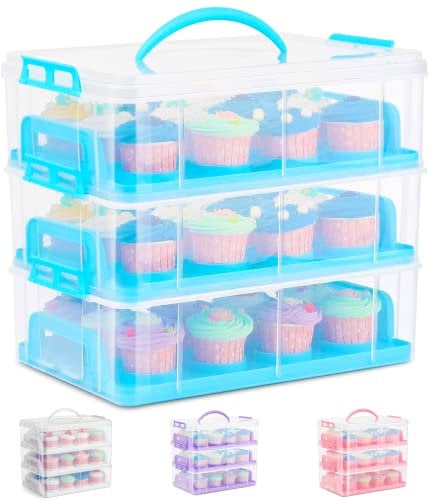SG Traders Cupcake Carrier with Handle, 3 Tier Cupcake Box Bake Cake Holder, 36 Muffin Cases Stackable Cake Caddy, Baking Boxes, Plastic Storage Box with Adjustable Compartments