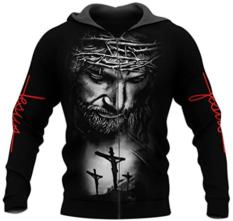 JJLLAZAD Christian Unisex Hoodie, Gott Jesus 3D Print Full Zip Casual Lose Sweatshirt Herbst Langarm Kreuz Harajuku Jacke,Jesus Black Zip Hoodie,XL