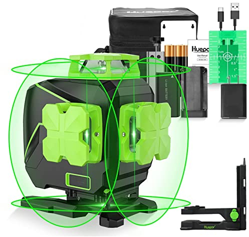 Huepar 16 Linien Selbstnivellierender Laserniveau 4 x 360° Fadenkreuzen - 4D Grüne Laserstrahlen Wiederaufladbares - 2 x 360° horizontale & 2 x 360° vertikale Laserlinien S04CG-LC