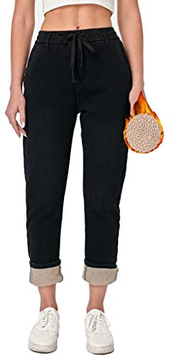 Damen Sherpa Gefüttert Thermo Winter Jeans Fleece Kaschmir Warm Denim Jeans Jogger, Sherpa-Futter, superdick, Schwarz, M