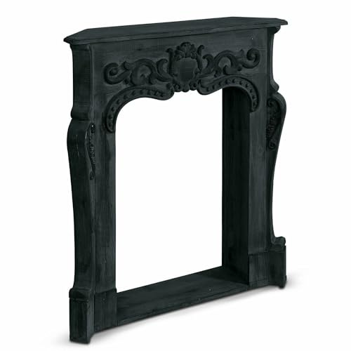 Loberon Kaminkonsole Emporia schwarz - Deko aus Lasiertem Tannenholz - Detaillierte Ornamente aus Polyresin - Handgefertigt - Landhausstil, antikschwarz