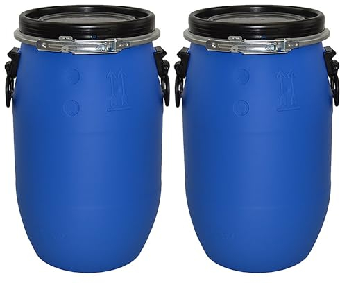 ITP Packaging Two 60 Litre Shipping Barrels, Open Top with Lid and Latch Ring, UN Approved & Food Grade, Ideal for Storage and Exporting a Wide Range of Goods including Clothes, Food