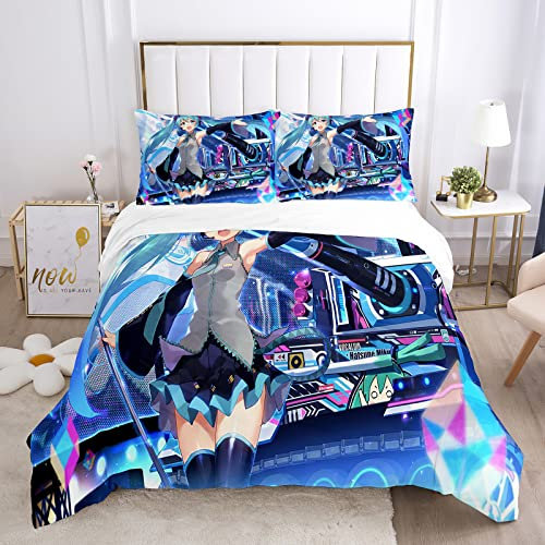 Hatsune Miku Schönes Mädchen Anime Bettwäsche-Sets Cartoon 3D-gedrucktes Polyestergewebe 1 Bettbezug + 1/2 Kissenbezüge (keine Bettdecke) Style-Industrie