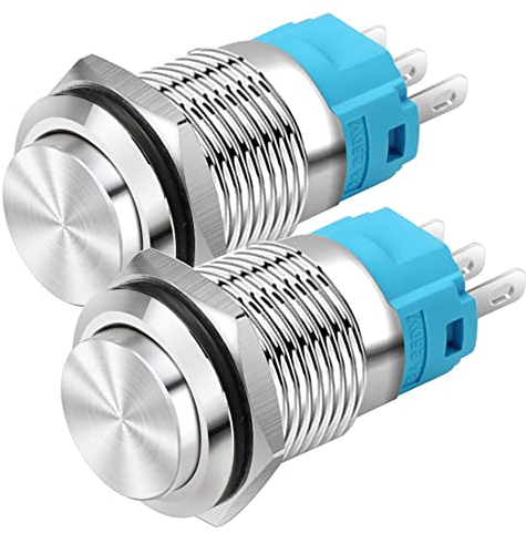 Gebildet 16mm Tête Haute SPDT Bouton-Poussoir de Verrouillage Étanche, Interrupteur à Bouton-Poussoir en Métal en Acier Inoxydable, Bornes à Souder DC 6V/12V/36V/48VAC 110V/230V 2A 1NO+1NC