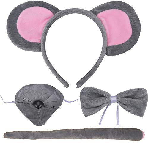 Lezevn 4 Pieces Mouse Costume Set Mouse Headband Ears Nose Bow Tie Tail for Halloween Fancy Dress