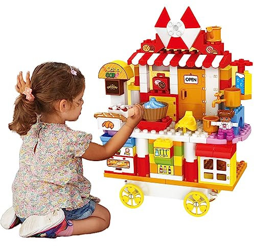 COO11 116Pcs Kids Building Block Dining Car Set, Sweet Shop Candy Cart with Food Play Stalls and Accessories, Educational Role Play Toy Gift for Boys and Girls Ages 3+ Years