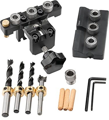 3-in-1 Holzbearbeitungs-Vorrichtungs-Set, 8/10/15 mm Stiftbefestigung, Stanzer, Lokalisierer, Dübel, Führungs-Set mit 4 Bohrern