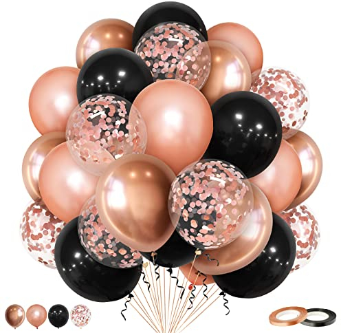 Eitolo Rose Gold Black Balloons 50pcs 12inch Metallic Chrome Rose Gold with Confetti Balloons for Girls Women Birthday Wedding Anniversary Engagement Bridal Shower Party Decorations