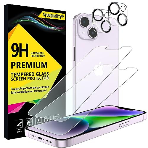 4youquality [4-in-1 Screen Protector for iPhone 14 with Camera Lens Protector, Tempered Glass Film, 2-Pack Each, [LifetimeSupport][Impact-Resistant][Anti-Scratch][Ultra-Transparent]