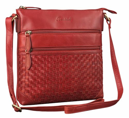Benthill Echt Leder Umhängetasche | Damen Schultertasche aus Rindsleder | Schmale Vintage Damen Handtasche mit geflochtenem Muster, Farbe:Rot