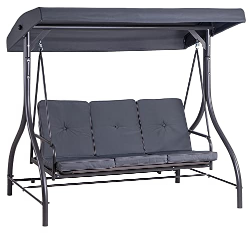 Hortan Dondolo Altalena XL 3 Posti Con Funzione Letto, Tetto Parasole Regolabile, Struttura In Acciaio E Tessuto Impermeabile, Per Arredo Giardino, Terrazzo e Balcone