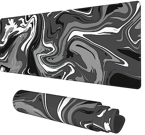 Desk Mat, Abstract Black White Ink Liquid Waves Extended Gaming Mouse Pad Large, 31.5x11.8 Big Mouse Pad with Non-Slip Base and Stitched Edge, Long Computer Keyboard Mouse Mat for Home Office Work