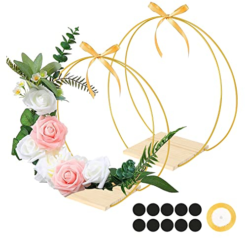 2 Stück Metall Floral Hoop Mittelstück für Tisch,30cm Gold Metallring Makramee Ringe mit Ständer DIY Bastelkranz Tischaufsätze für Hochzeiten,Party,Weihnachten (mit Holzsockel und Band)