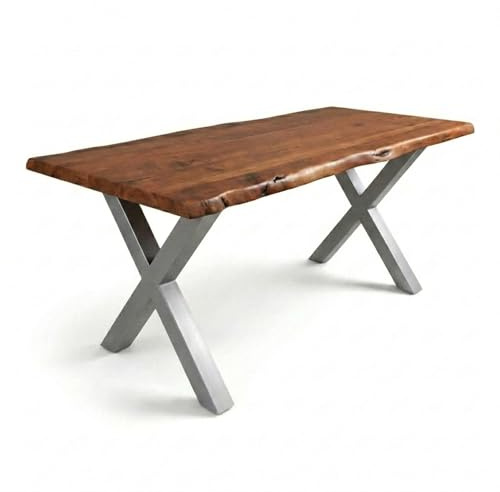 SAM Esstisch Cali 200x100 cm Akazie nussbaum Baumkante X-Gestell Silber | Baumkantentisch massiv, Akazienholz nussbaumfarben, 50 mm Tischplatte, Esszimmertisch, Industrial-Design