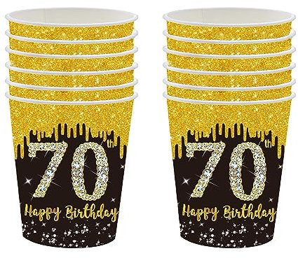 Lot de 16 gobelets jetables noirs et dorés - Décoration de table 70 ans - Gobelets en carton - Gobelets à vin chaud - Gobelets à café pour homme et femme - Décoration de fête d'anniversaire -