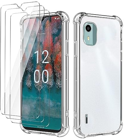 LYZXMY case for Nokia C12 Phone case + 2 pcs tempered glass protective film, case soft silicone TPU Anti Scratch Anti Collision Clear Case