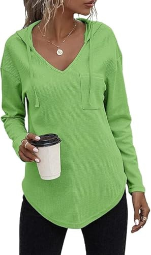 Cuptacc Hoodies For Women Uk Waffle V Neck With Drawstring Long Sleeve | Sweatshirt,Autumn,Casual,Women Tunic,With Pocket,Irregular Hem,Basic,Fashion,Winter,Elegant