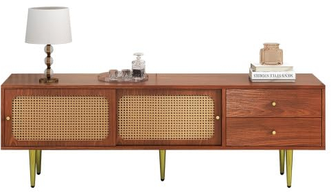 SogesHome TV-Bänke Lowboards XXL großer Stilvoller TV Stander 160 cm mit 2 Schubladen, 2 Rattan-Schiebetüren, 4 Fächer zur Aufbewahrung, 160 * 40 * 60 cm