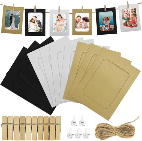 Kornerain 6 Zoll 20Pcs Papier Fotorahmen, Fotogirlande, Bilderrahmen Mit Klammern und Leine, Fotos Aufhängen Set, DIY Mini Bilderrahmen, 20 Fotos Aufhängen, 2 Hanfseile, 5 Nahtlose Nägel