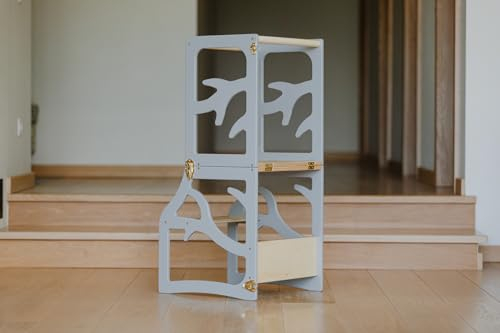 Weco Montessori Kinder Lernturm 2 in 1 Baum Design Tritthocker FSC Zertifikat Schreibtisch Montessori Möbel Küchenhelfer klappbar Stylisch Lernturm (Grau)