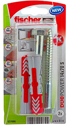 Fischer - Dübel – Blisterverpackung mit 2 Universaldübeln Duopower Ø 14 x 70 mm + Schienen Ø 10 x 95 mm. Fischer