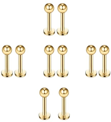 10er Edelstahl Lippenpiercing Stecker mit Kugel Ohr Tragus Helix Piercing Schmuck(Gold)