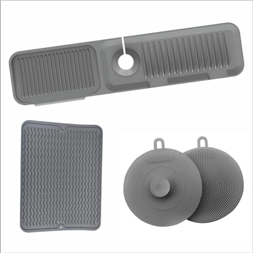Silicone Sink Faucet Mat with Splash Guard, Draining Tray & Countertop Protector with Cleaning Sponge - Kitchen & Bathroom Sink Accessories (Grey, 37 cm)