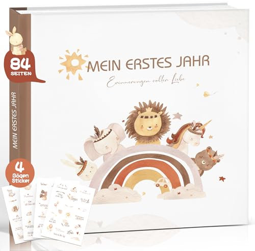 Babytagebuch mein erstes Jahr mit 4 Bögen Sticker, boho Babyalbum Mädchen junge, süßes Erinnerungsbuch Baby,Geburt Geschenke für Neugeborenes, Babyparty Baby Shower, von Pädagogen durchdacht gestaltet