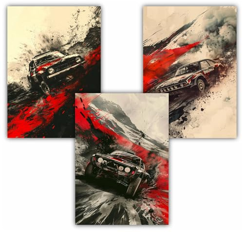 Samunshi® 3x Vintage Poster Rally Car Race Kunstdruck Set mit Vintage Illustrationen Bilder für Jugendzimmer Deko Plakat Geschenk DIN A4 21x29,7cm
