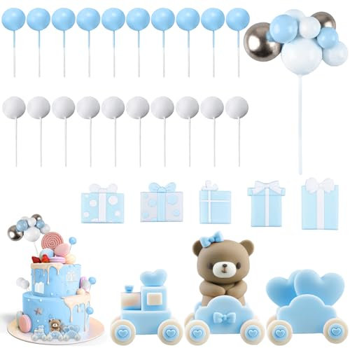 Bär Kuchen Deko, Zug Bär Tortendeko Kit Kuchen Dekoration Blaue Geschenkbox Happy Birthday Tortendeko Geburtstagstorte Deko Baby Dusche für Hochzeit Babyparty Kuchendekoration