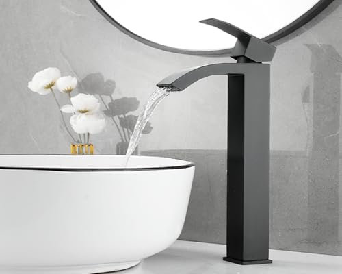 Maynosi Modern Bathroom Waterfall Basin Mixer Tap, High Rise Washroom Taps for Counter-top Basin, Tall Hot & Cold Sink Faucet, Mono Square Single Lever Mixer with Flexible Tails, Matte Black