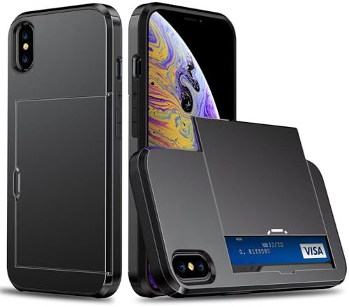 xinyunew Coque Portefeuille pour iPhone X/iPhone XS avec Porte-Cartes, Étui de Protection Téléphone Double Couche Antichoc, Fente Cachée Coulissante, Antichoc TPU+PC Housse Portefeuille - Noir