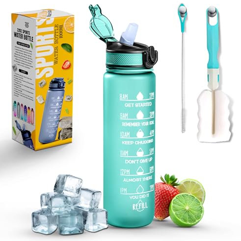 K-MART Sports Water Bottle with Straw and Time Marking, and 32OZ Capacity - Motivational and BPA-Free Bottle for Running, Gym, Yoga, Outdoors, and Camping (Style-1, Light Green)