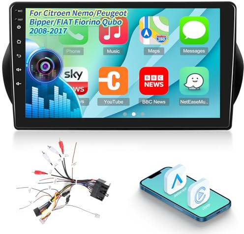 Android Autoradio per Citroen Nemo/Peugeot Bipper/FIAT Fiorino Qubo 2008-2017 con Senza Fili Carplay e Android Auto, [2G+64G] Autoradio Touch Screen da 10 pollici con GPS/WiFi/Bluetooth/EQ/FM RDS