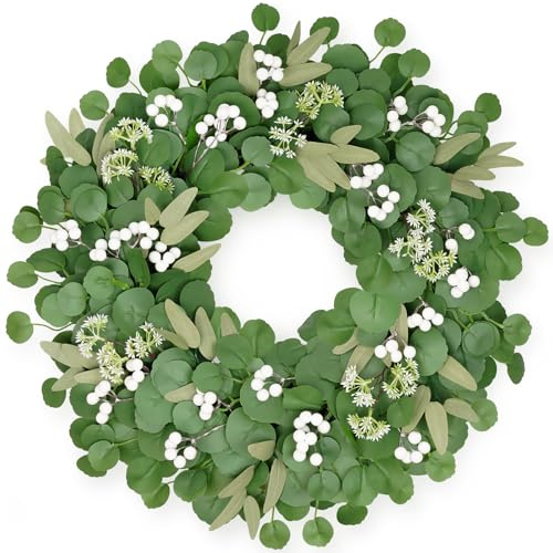 COLORSPEC Eukalyptus-Kranz für die Haustür, 46 cm/18 Zoll Künstliche Sommer-Türkränze für den Außenbereich Ganzjähriger Sommer-Türkranz mit Oliven und Beeren